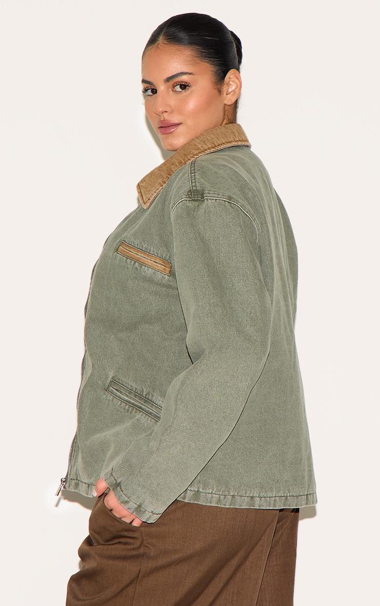 Plus Khaki Zip Up Contrast Collar Denim Jacket Product Image