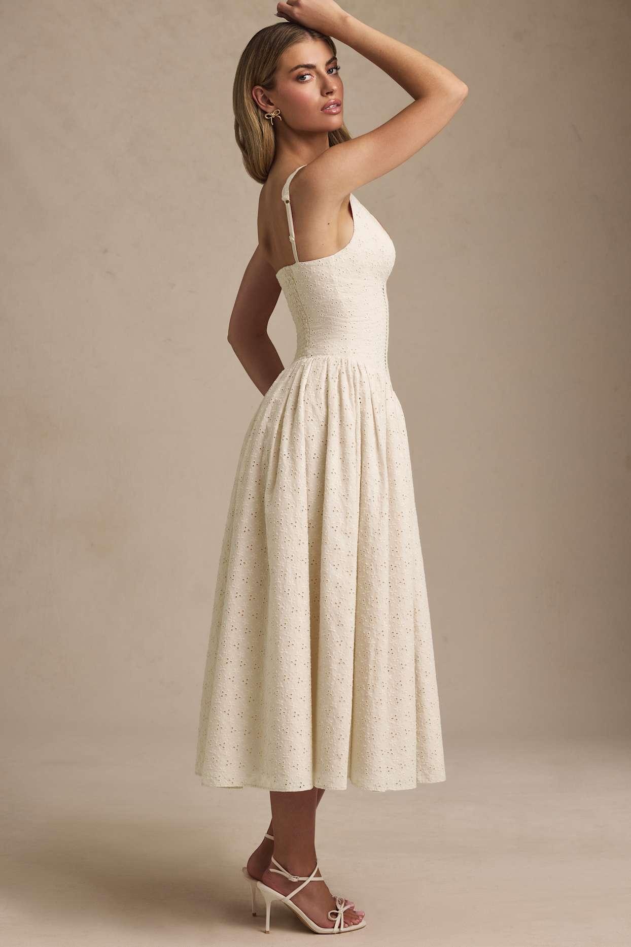 Broderie Anglaise Bow-Detail A-Line Midaxi Dress in Ivory Product Image