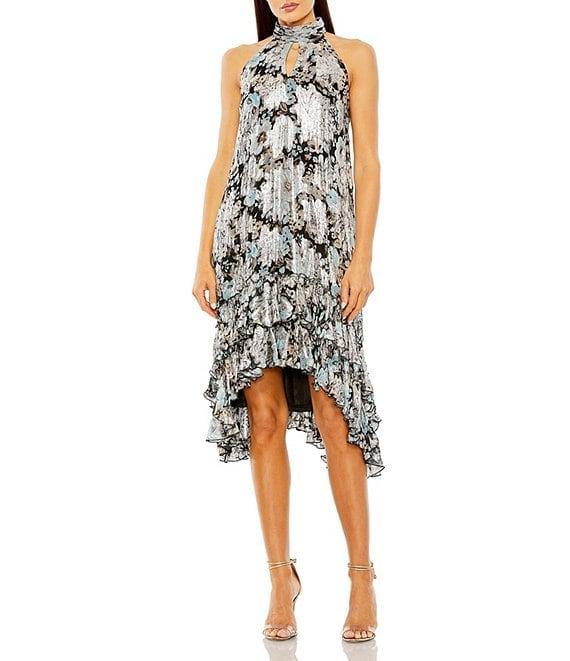 Mac Duggal Chiffon Floral Metallic Print Halter Neck Sleeveless Hi Low Ruffle Hem Shift Mini Dress Product Image