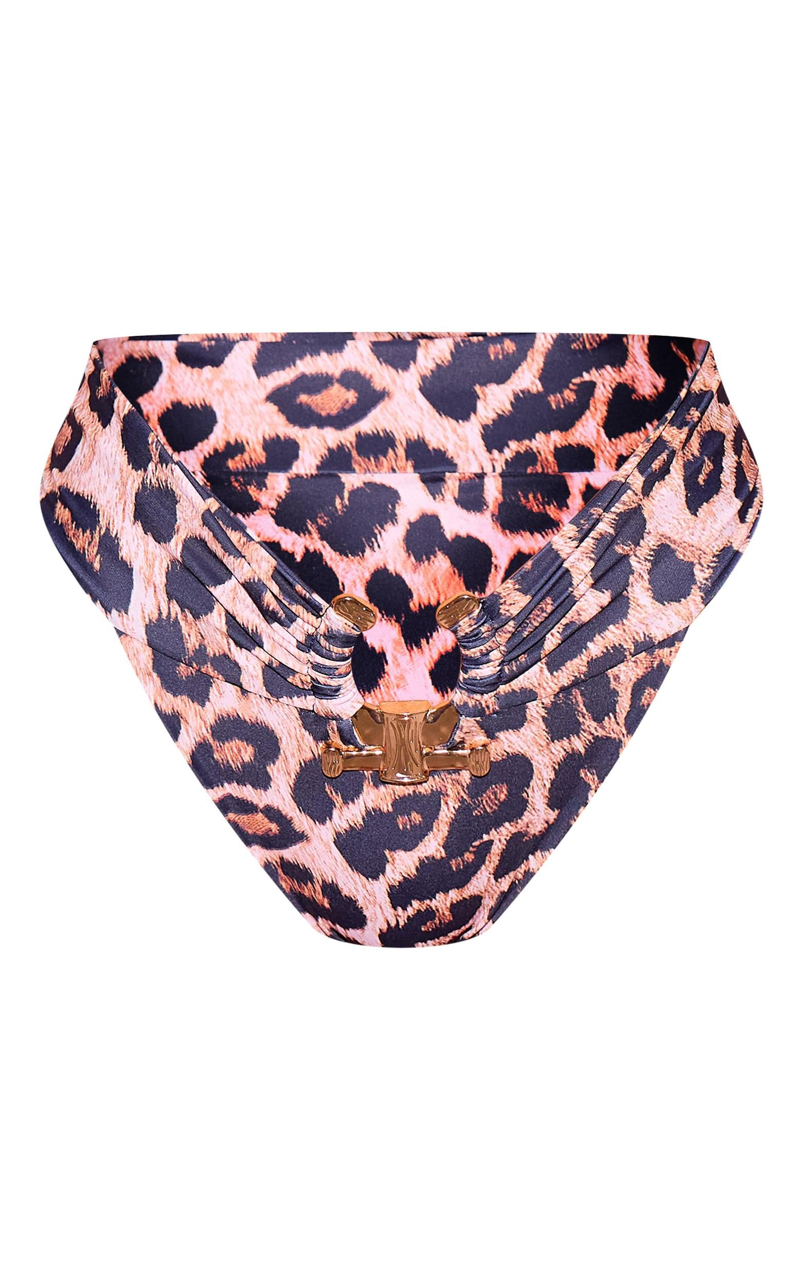 Leopard Print Hammered Trim High Waist Bikini Bottoms Product Image