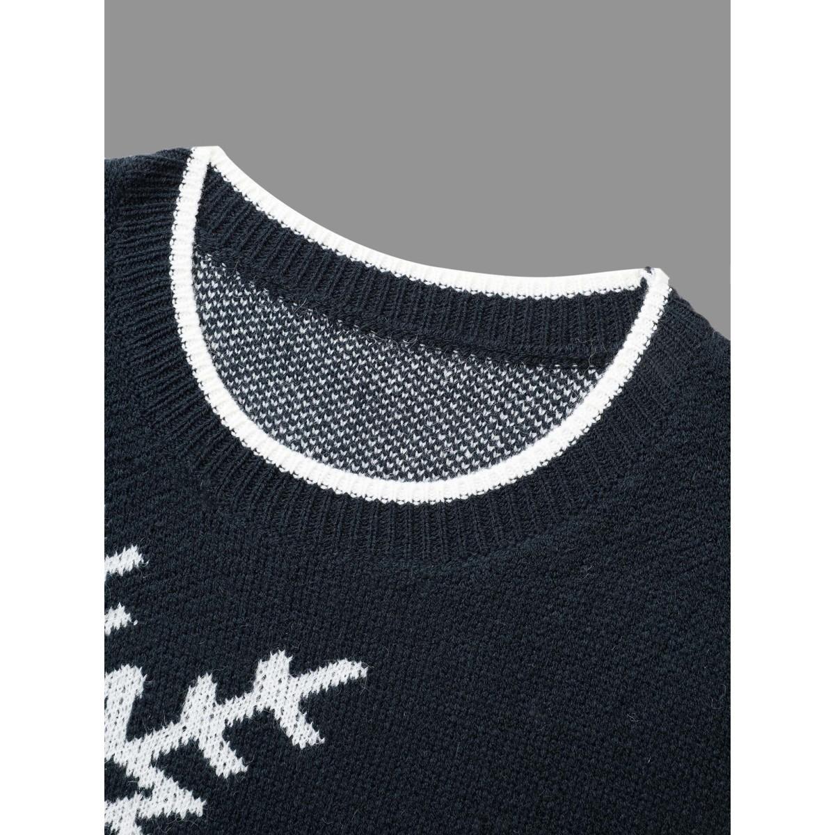 Plus Size Snowflakes Pattern Contrasting Hem Pullover Indigo Women Casual Loose Long Sleeve Round Neck Everyday Pullovers BloomChic 12/L Product Image