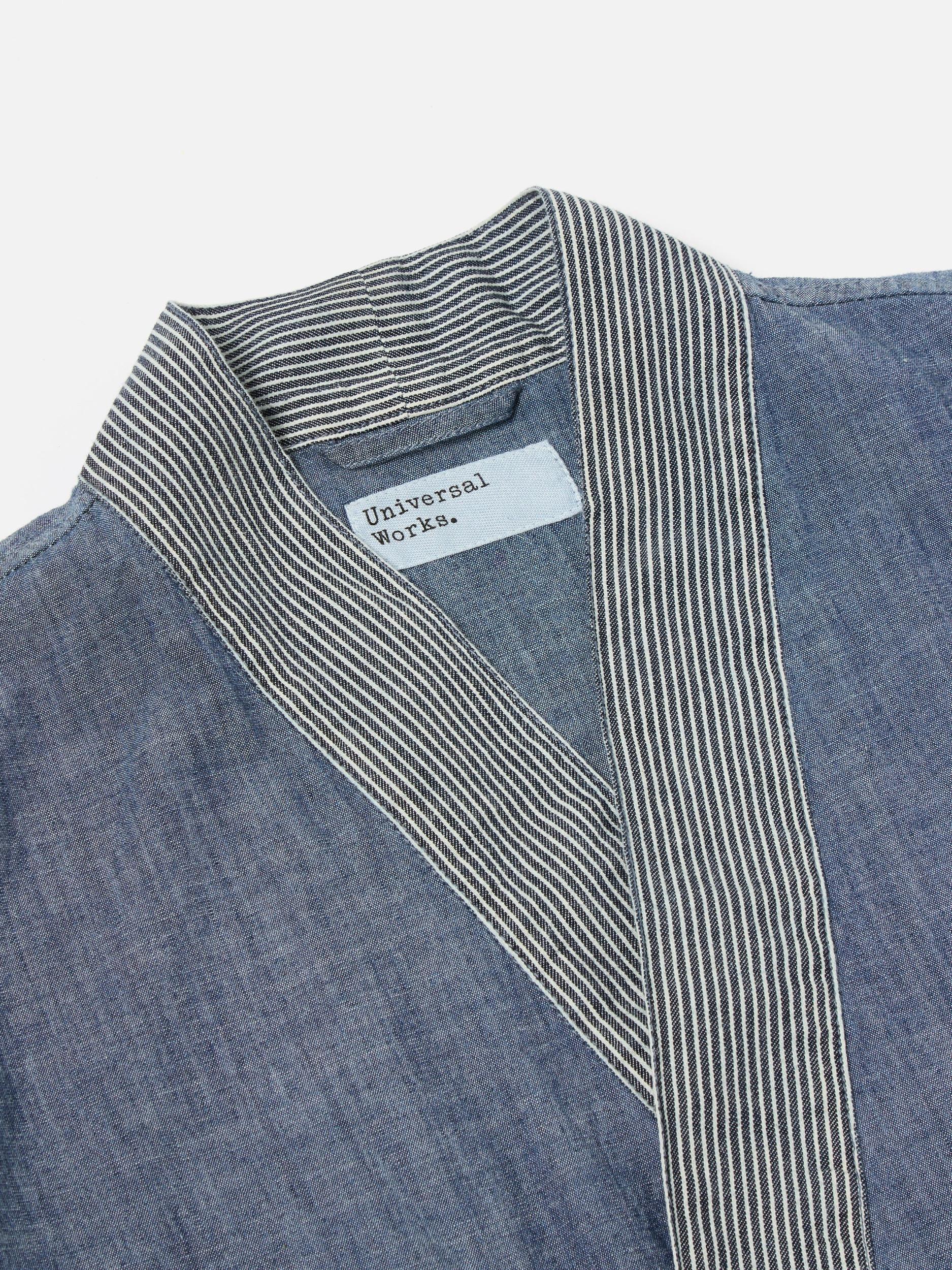 Universal Works Patched Kyoto Work Jacket in Indigo Chambray/Hickory Stripe Denim Product Image