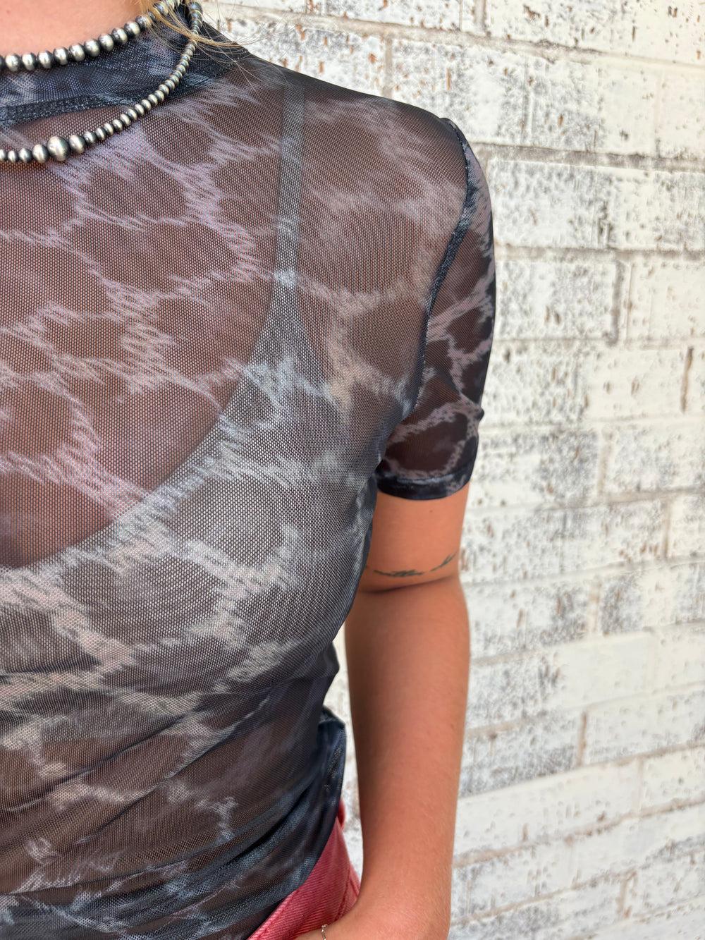 L&B Grey Leopard Short Sleeve Mesh Top Product Image