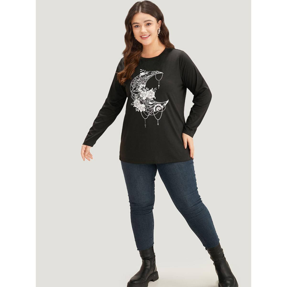 Plus Size Moon & Floral Print Round Neck T-shirt Black Women Casual Contrast Star and moon Dailywear T-shirts BloomChic 14-16/1X Product Image