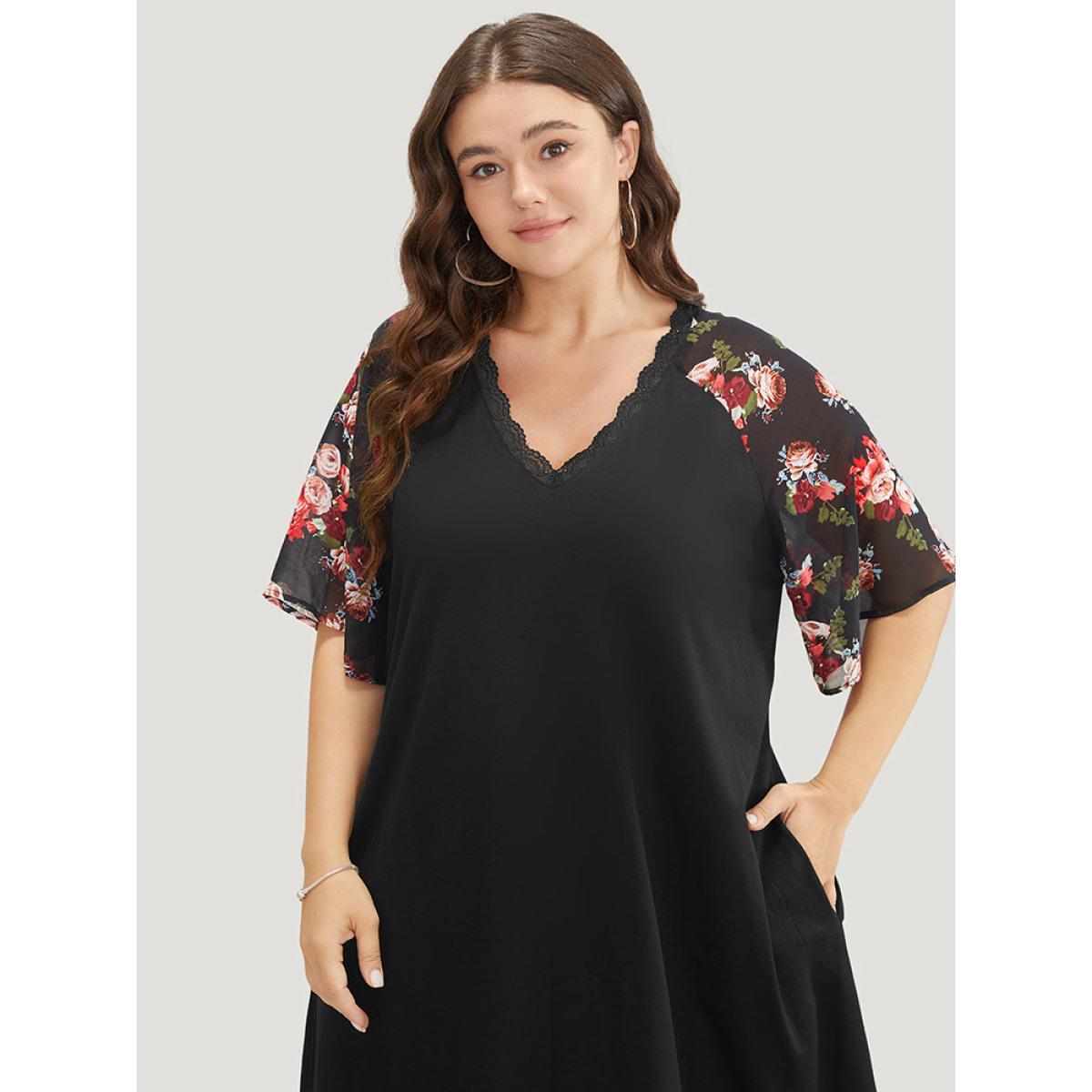 Plus Size Floral Raglan Sleeve Lace Trim Pocket Arc Hem Dress Black Women Casual Non V-neck Short sleeve Curvy Midi Dress BloomChic 14-16/1X Product Image