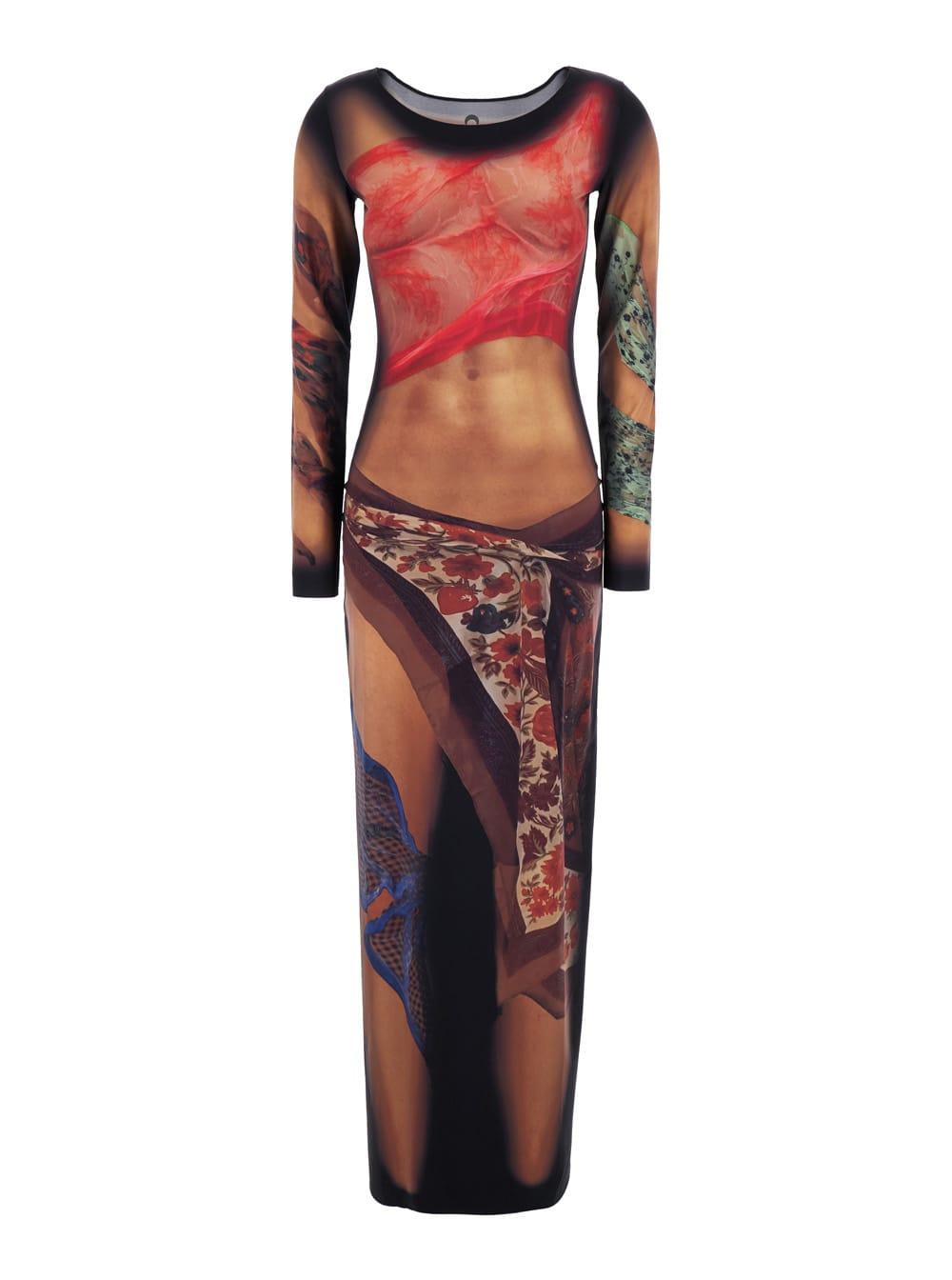 MARINE SERRE Multicolor Long Dress With All-over Graphic Print In Tech Fabric Woman In Beige Product Image