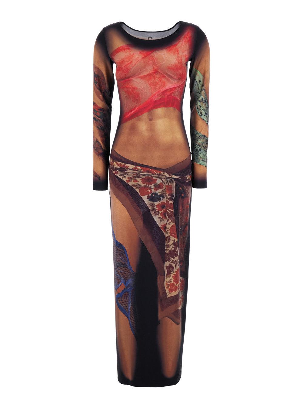 MARINE SERRE Multicolor Long Dress With All-over Graphic Print In Tech Fabric Woman In Beige Product Image