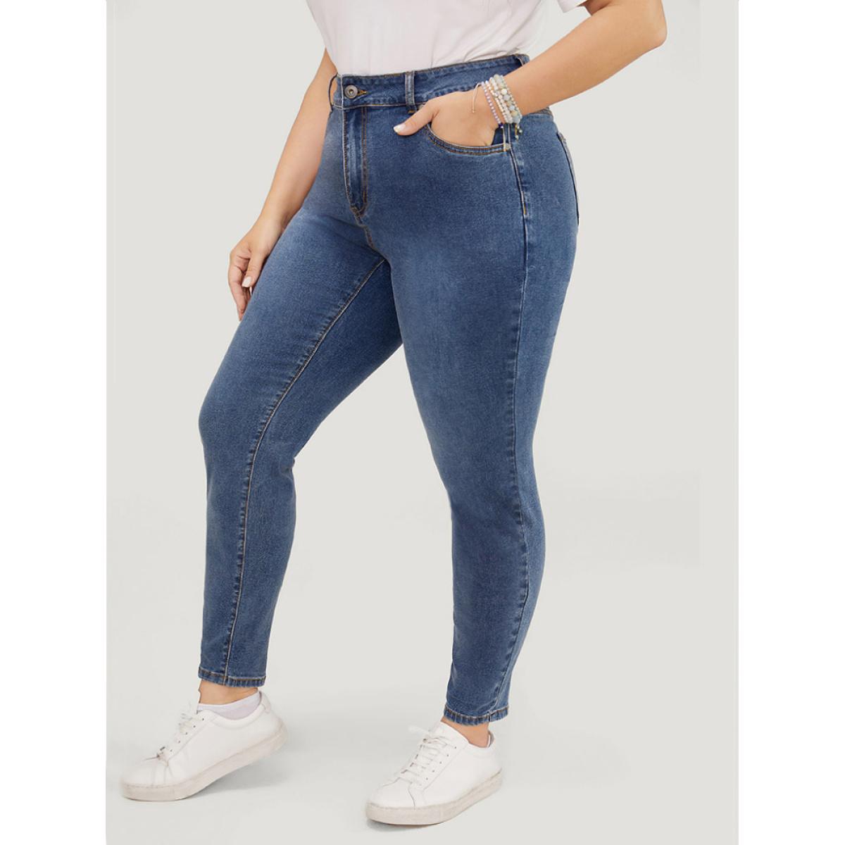 Plus Size Skinny Very Stretchy High Rise Medium Wash Ankle Jeans Women Blue Casual Plain High stretch Pocket Jeans BloomChic 14/1X Product Image