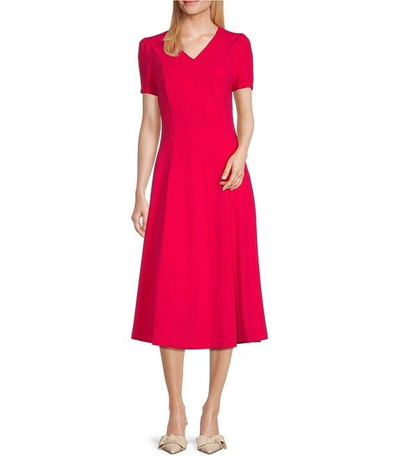Investments Scuba Crepe Short Sleeve Fit and Flare V-Neck Dress Product Image