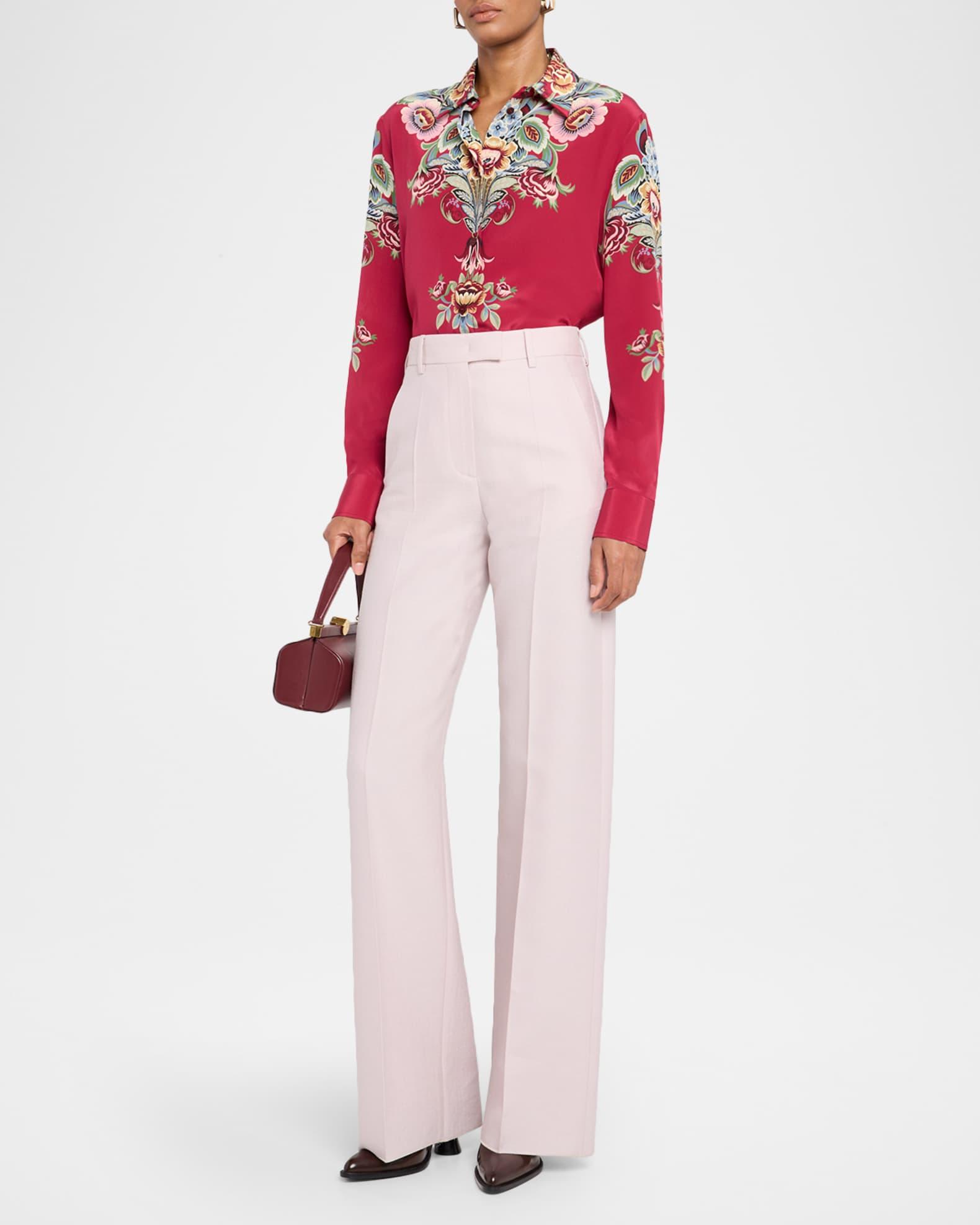 Floral Silk Long-Sleeve Tunic Blouse Product Image