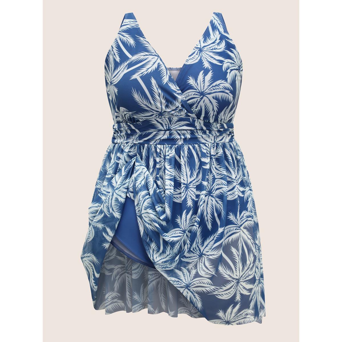Plus Size Tropical Print Overlap Collar Swim Dress Women's Swimwear Mediumblue Beach Bodycon Overlap Collar High stretch Curve Swim Dresses BloomChic 10/M Product Image