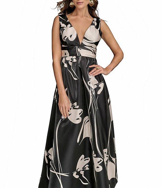 Donna Karan Sleeveless Floral Print V-Neck Ball Gown Product Image