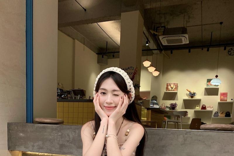 Spaghetti Strap Plaid Panel Tiered Midi A-Line Dress / Crochet Cardigan Product Image