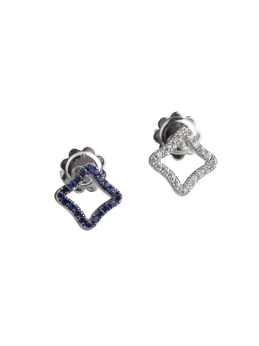 Womens Allure 18K White Gold, Blue Sapphire, & Diamond Mismatched Mini Stud Earrings Product Image