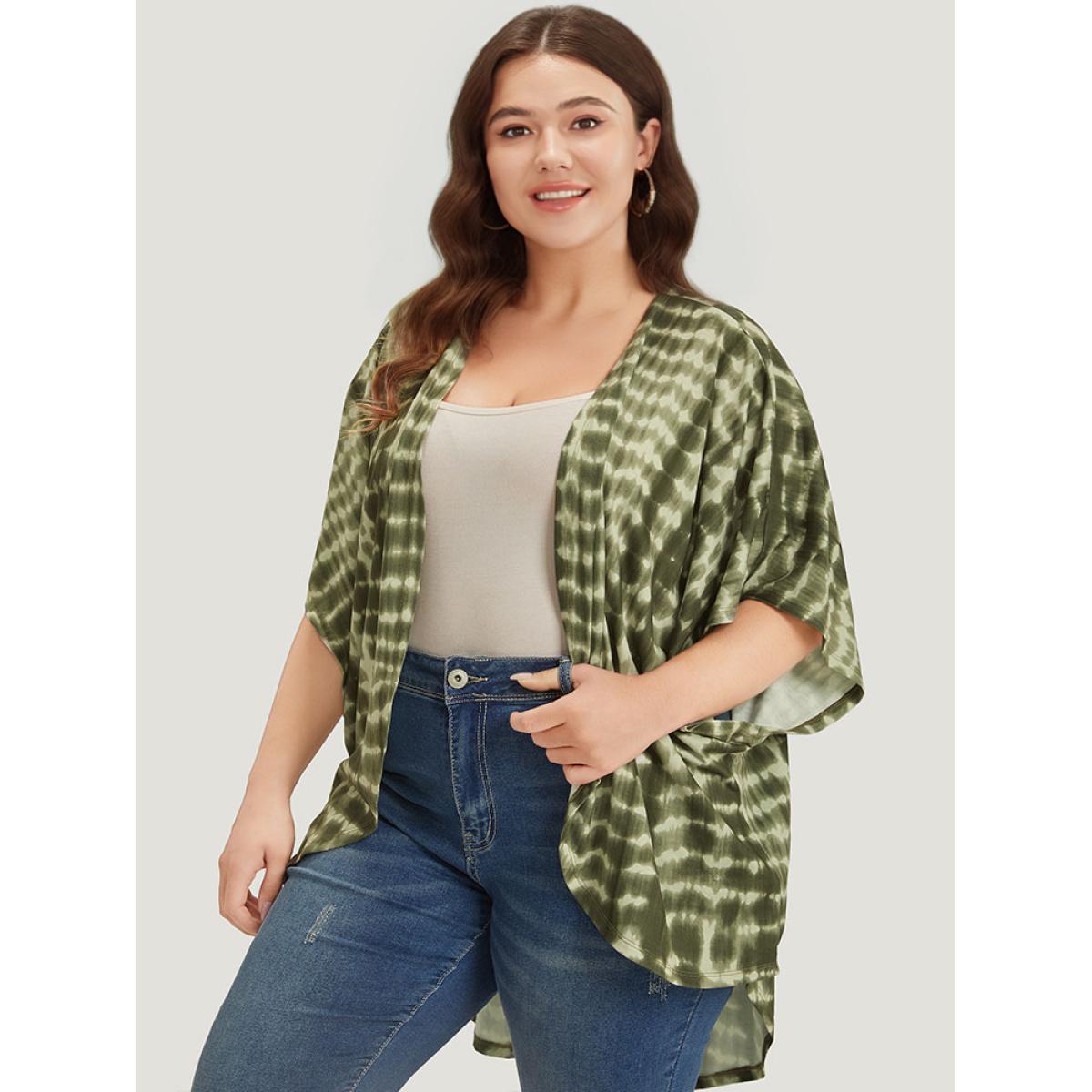 Plus Size Tie Dye Ruffle Sleeve Asymmetrical Hem Kimono Women ArmyGreen Casual Tie Dye Loose Dailywear Kimonos BloomChic 28/5X Product Image