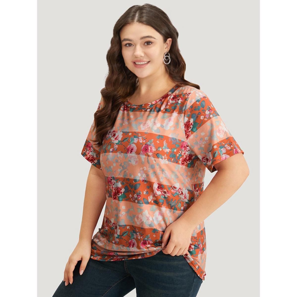 Plus Size Halloween Floral Print Striped Crew Neck T-shirt Multicolor Women Casual Printed Plants Round Neck Festival-Halloween T-shirts BloomChic 22-24/3X Product Image