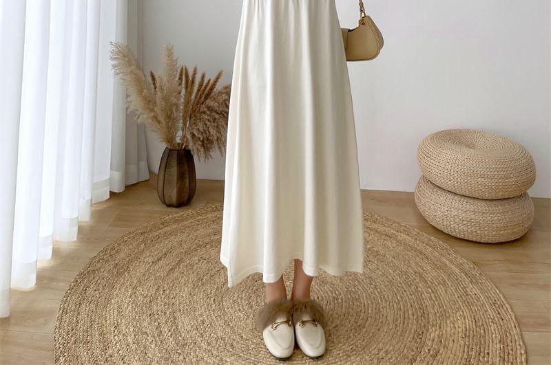 Maternity Long-Sleeve Notch Neck Plain Midi A-Line Knit Dress Product Image