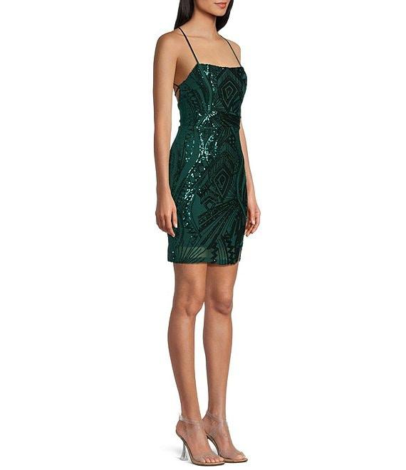 Midnight Doll Spaghetti Strap Placement Sequin Strappy Back Bodycon Mini Dress Product Image