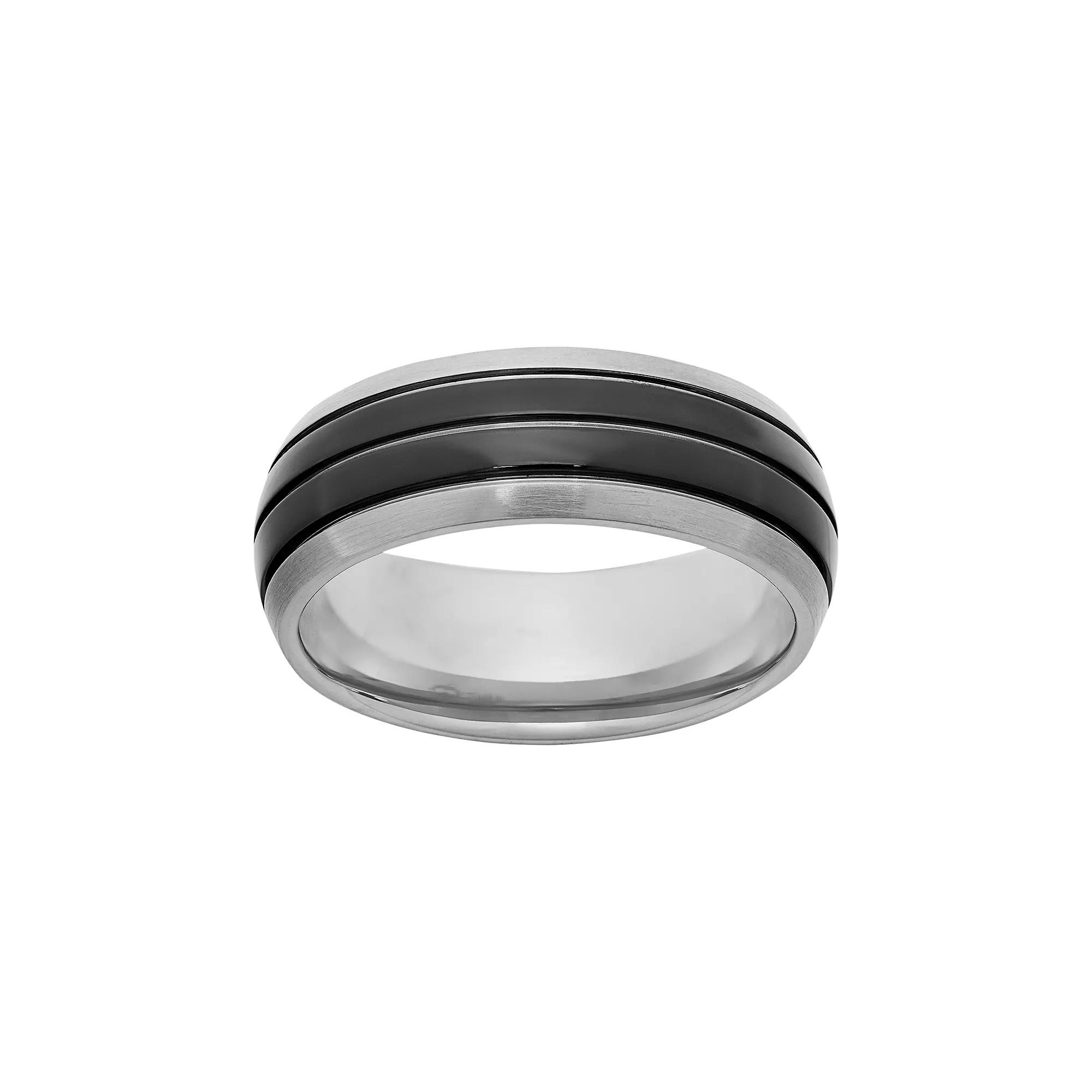 Titanium and Black Ion-Plated Titanium Striped Wedding Band - Men, Men's, Size: 7.50, White Product Image