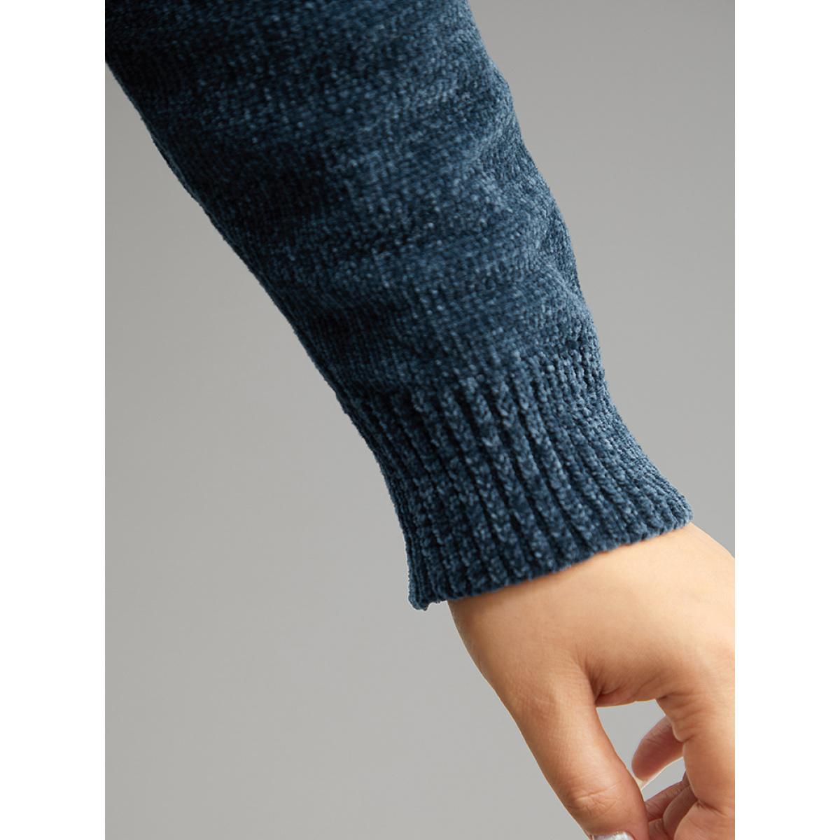 Plus Size Turtle Neck Plain Rib Knit Pullover Cyan Women Casual Long Sleeve Lapel Collar Dailywear Pullovers BloomChic 30/6X Product Image