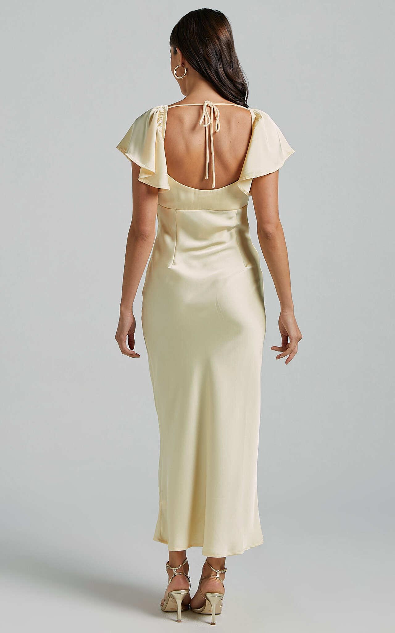 Emberlynn Midi Dress - Flutter Sleeve Cut Out Satin Dress in Butter Yellow Product Image