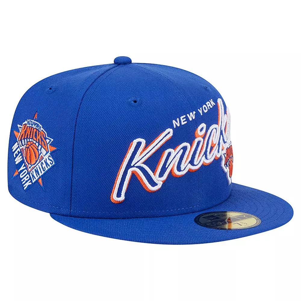 Men's New Era Blue New York Knicks Sport Night Script Sided 59FIFTY Fitted Hat, Size: 7 1/4 Product Image