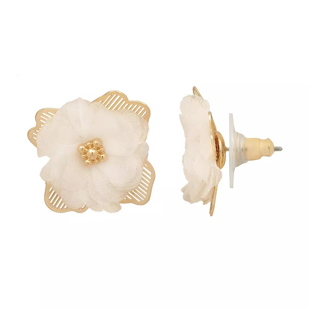 Emberly Gold Tone Filigree & Fabric Flower Petal Post Earrings, Women's, White Product Image