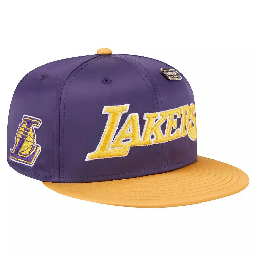 Men's New Era Purple/Gold Los Angeles Lakers Throwback Satin Vintage Pin Two-Tone 59FIFTY Fitted Hat,  Product Image