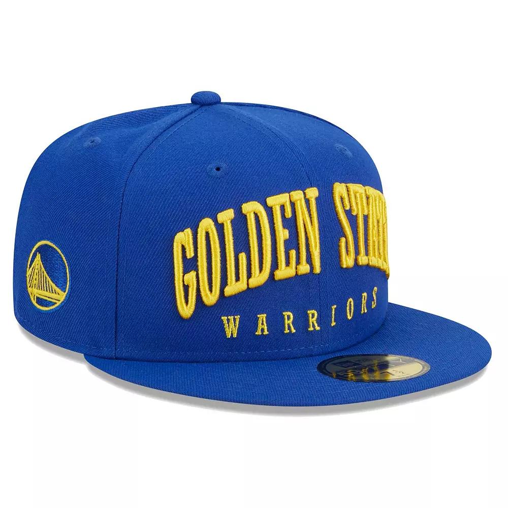 Men's New Era Royal Golden State Warriors Big Arch Text 59FIFTY Fitted Hat, Size: 6 7/8, Blue Product Image
