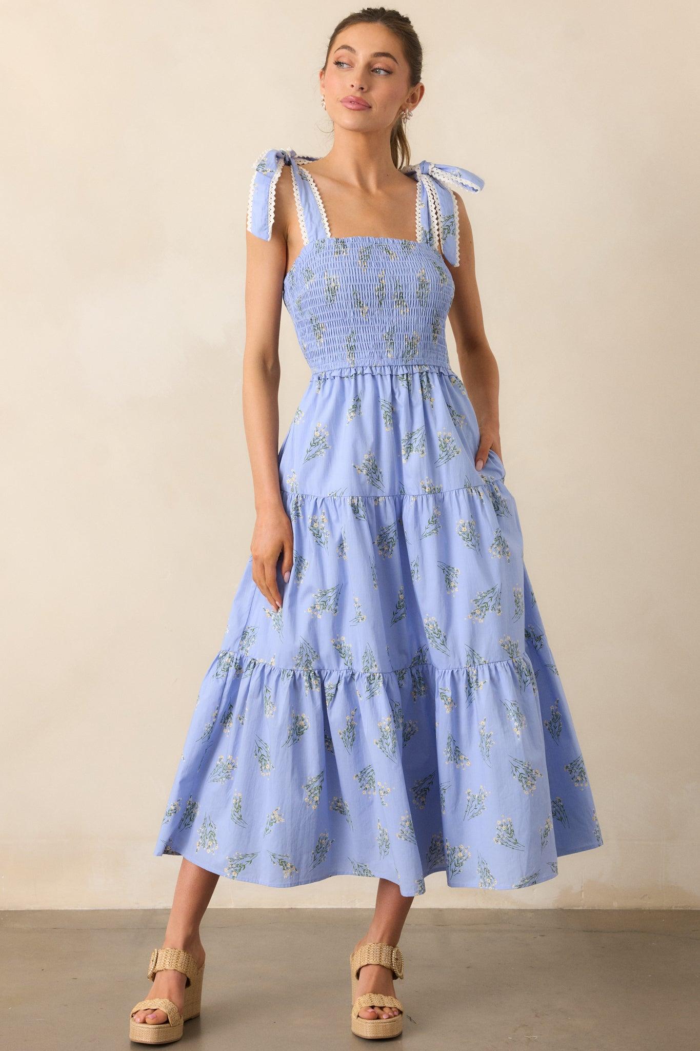 Take Me Away Cotton Periwinkle Floral Smocked Maxi Dress Product Image