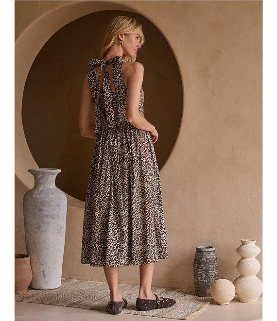 Skies Are Blue Leopard Print Poplin Crew Neck Sleeveless Drop Waist Midi Dress Product Image