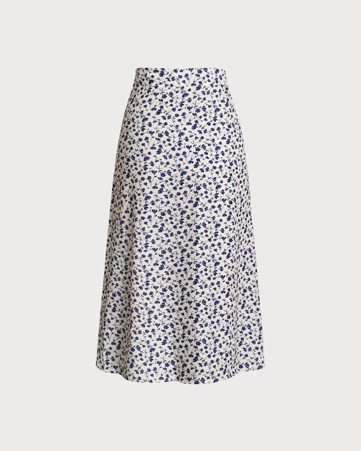 Blue Floral High-waisted Wrap Midi Skirt Product Image