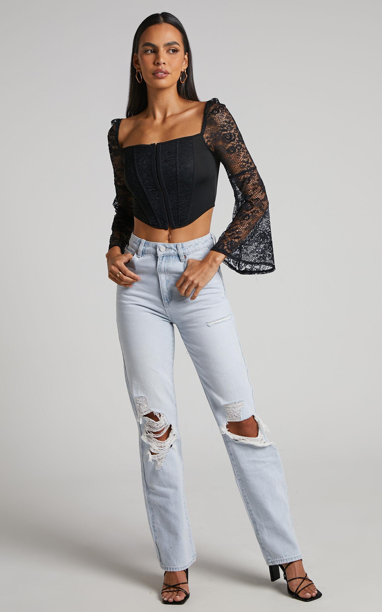 Sienna Top - Lace Bell Sleeve Corset Top in Black Product Image