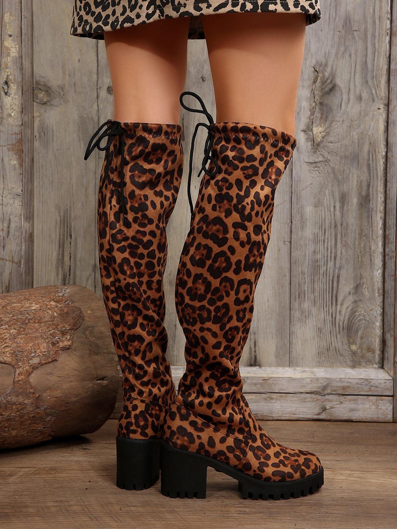 Leopard Round Toe Block Heel Boots Product Image