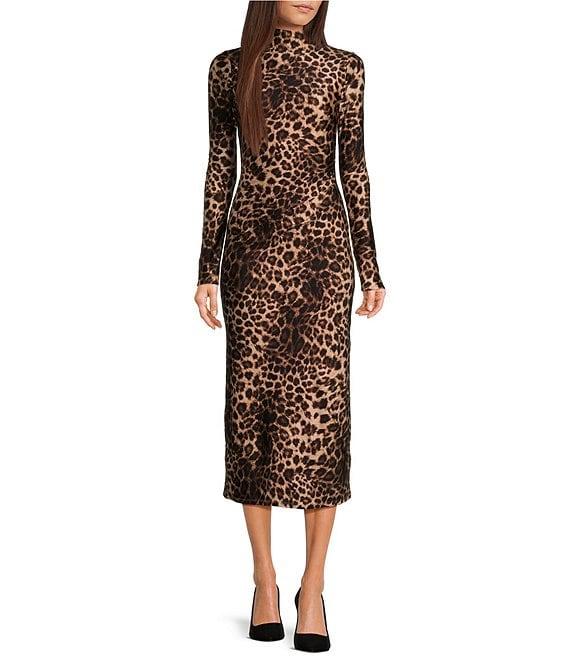 Good American Leopard Print Satin Shine Mock Neck Long Sleeve Bodycon Dress Product Image