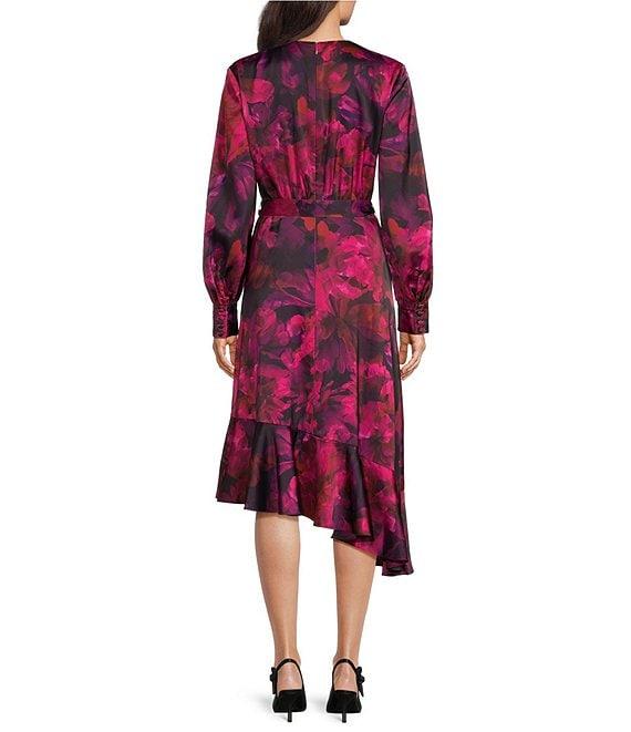 Alex Marie Lilac Satin V-Neck Long Sleeve A-Line Asymmetrical Hem Midi Dress Product Image