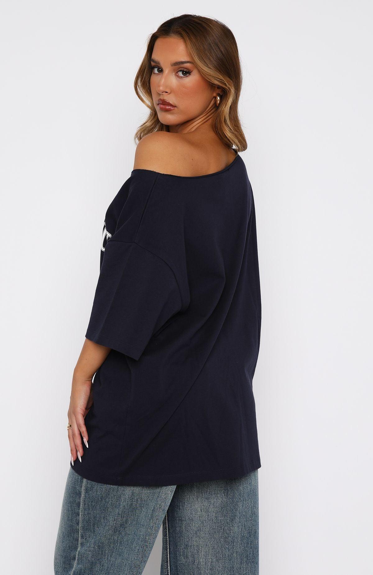 Everything In Time Off Shoulder Oversized Tee Navy Product Image