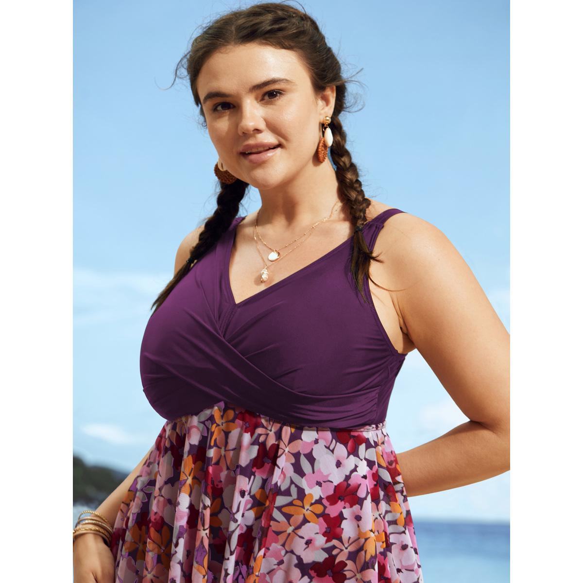 Plus Size Floral Patchwork Mesh Crossover Swim Dress Women's Swimwear Deeppurplered Beach Bodycon V-neck High stretch Curve Swim Dresses BloomChic 12/L Product Image
