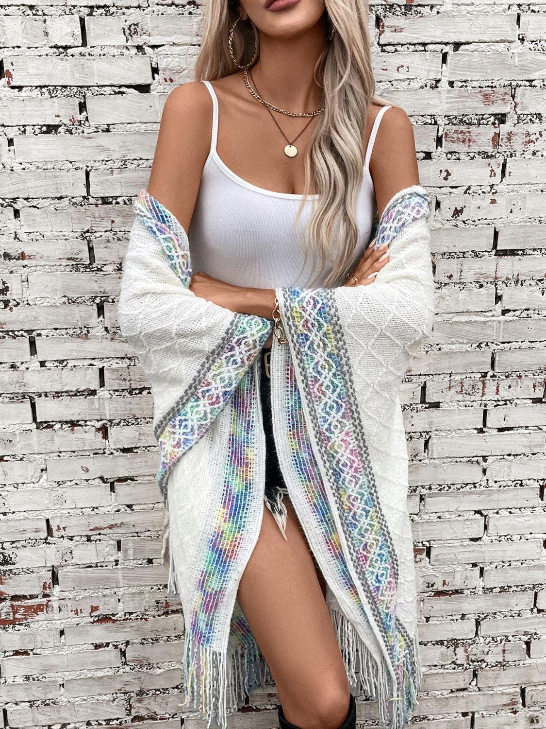 Fringe Half Sleeve Hooded Poncho Product Image