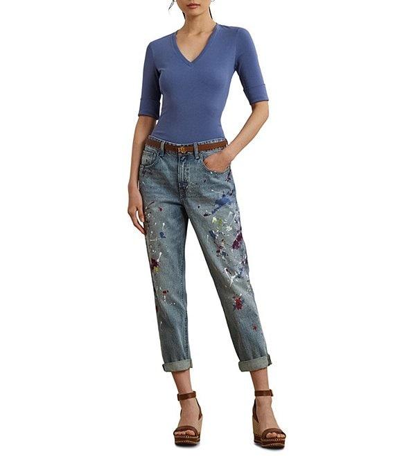 Lauren Ralph Lauren Stretch Cotton V-Neck Elbow Sleeve Tee Shirt Product Image