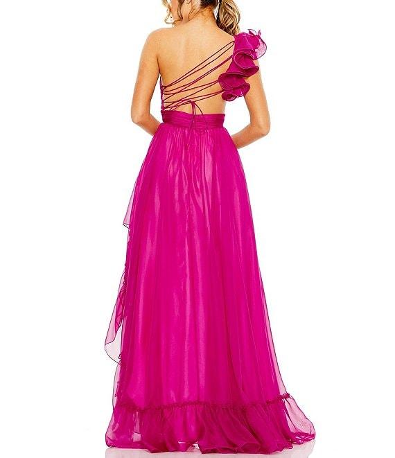 Mac Duggal One Shoulder Ruffle Sleeveless Cut Out Asymmetrical Hem High-Low Gown Product Image