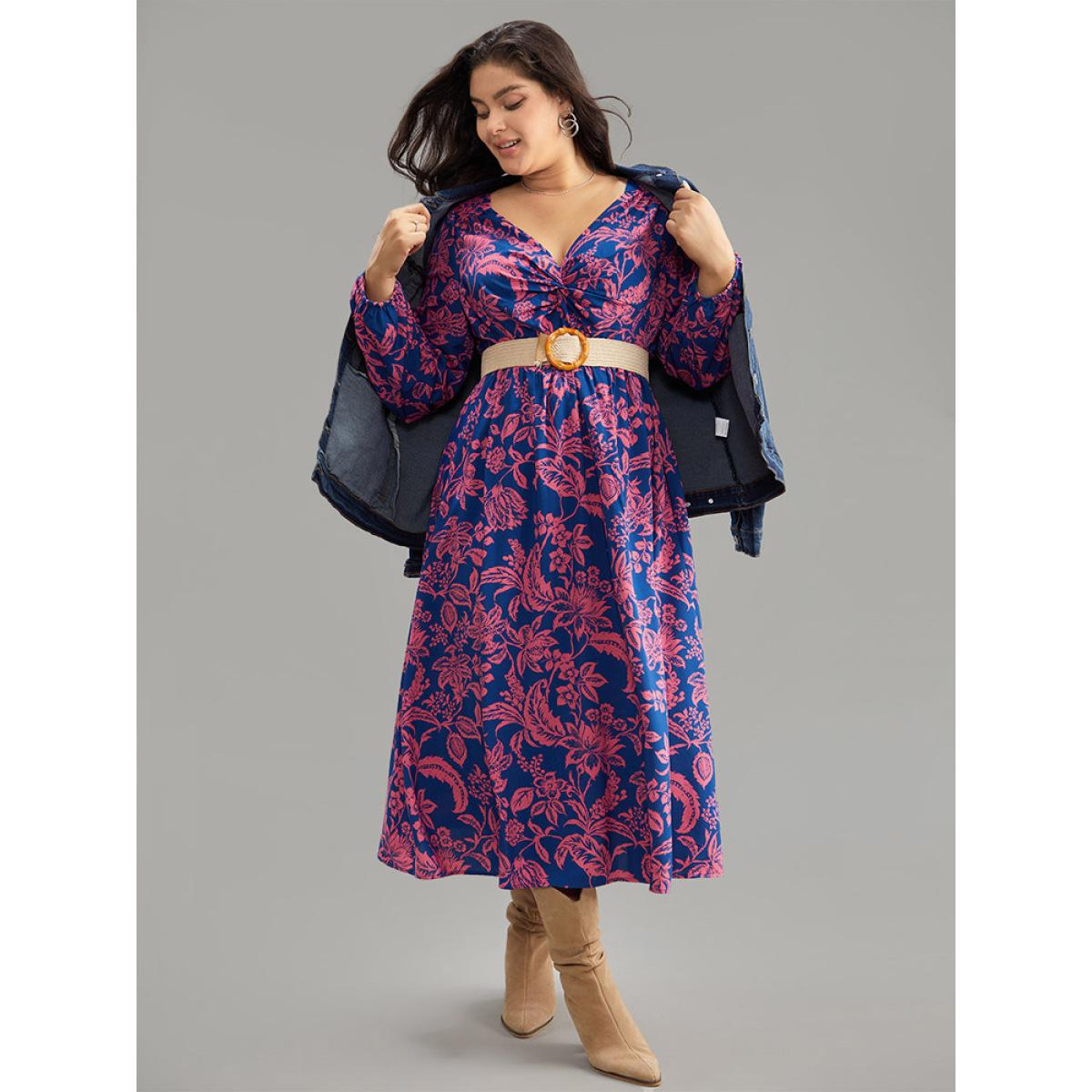 Plus Size Floral Twist Front Pocket Lantern Sleeve Dress DarkBlue Women Vacation Elastic cuffs V-neck Long Sleeve Curvy Midi Dress BloomChic 22-24/3X Product Image