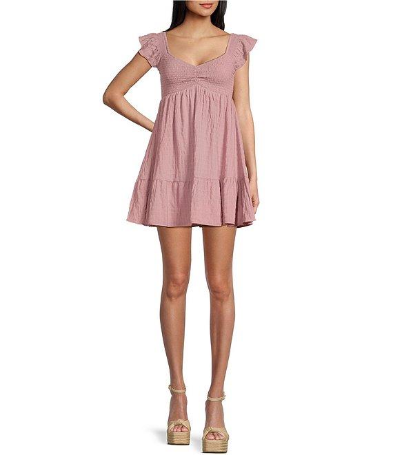 Allison & Kelly Short Sleeve Smocked Empire Waist Babydoll Tiered Mini Dress Product Image