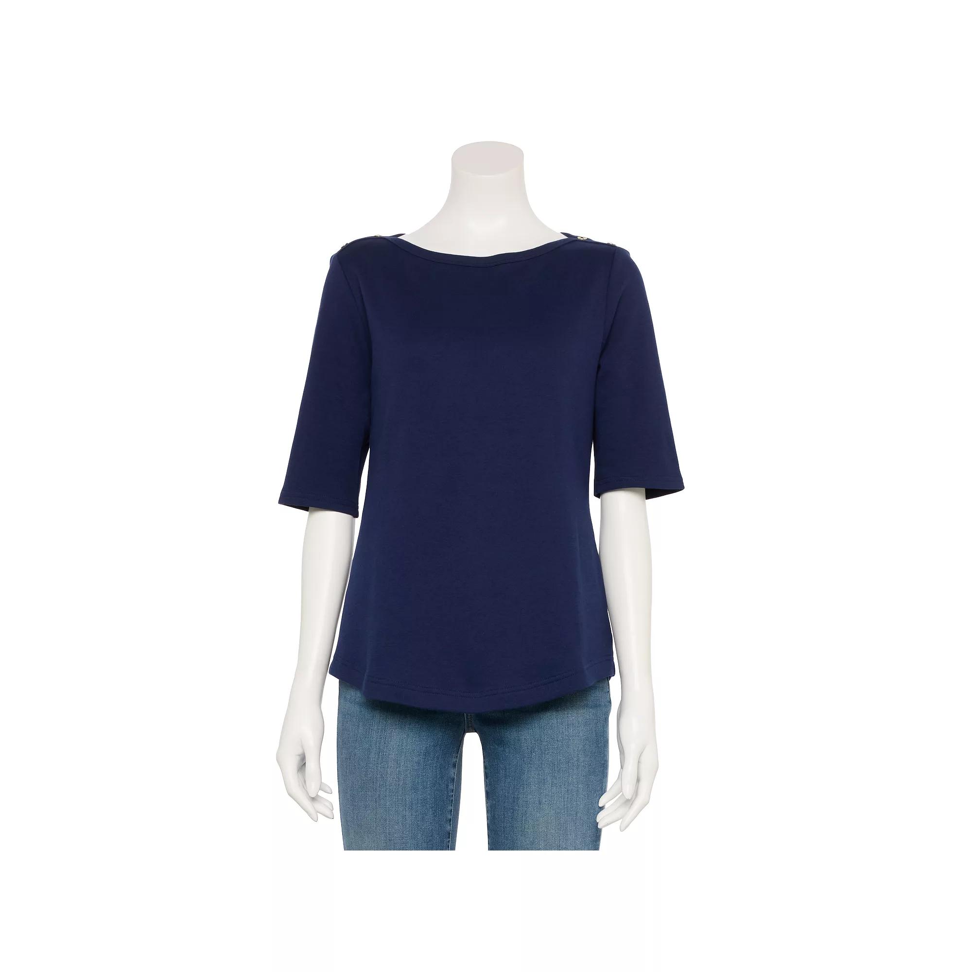 Women's Croft & Barrow® Binded Neck Bateau Elbow Sleeve T-Shirt, Size: Medium, Blue Product Image