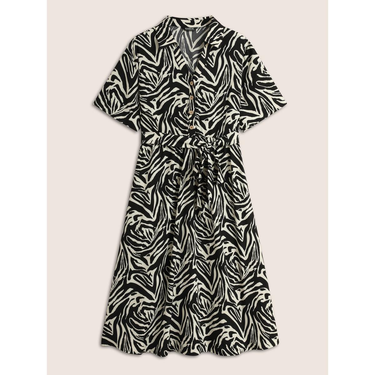 Plus Size Zebra Print Shirt Collar Belted Dress Black Women At the Office Belted Shirt collar Half Sleeve Curvy BloomChic 30/6X Product Image