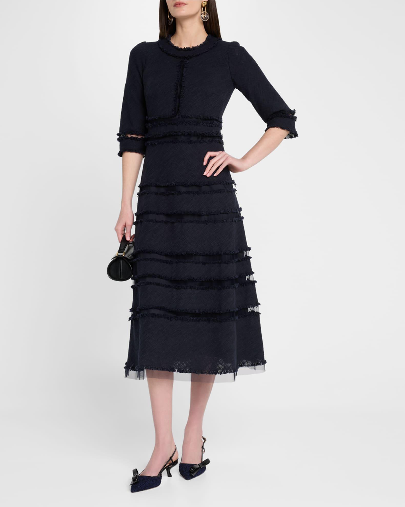 3/4-Sleeve Fringed Tulle-Inset Midi Dress Product Image