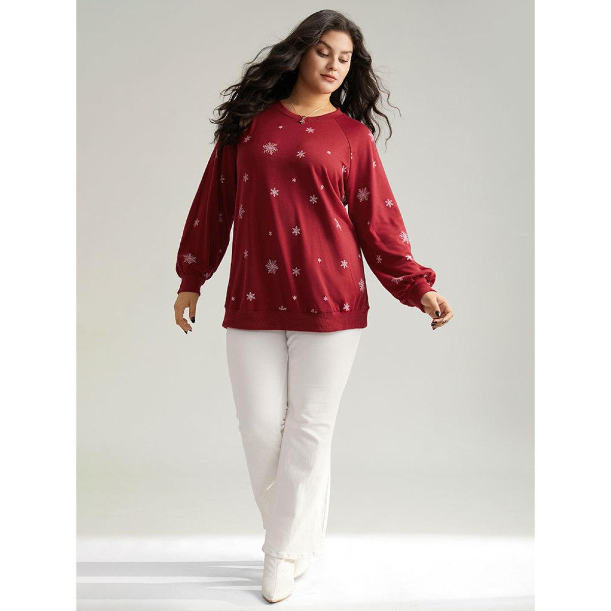 Plus Size Snowflake Print Raglan Sleeve Sweatshirt Women Red Casual Elastic cuffs Round Neck Festival-Christmas Sweatshirts BloomChic 10/M Product Image