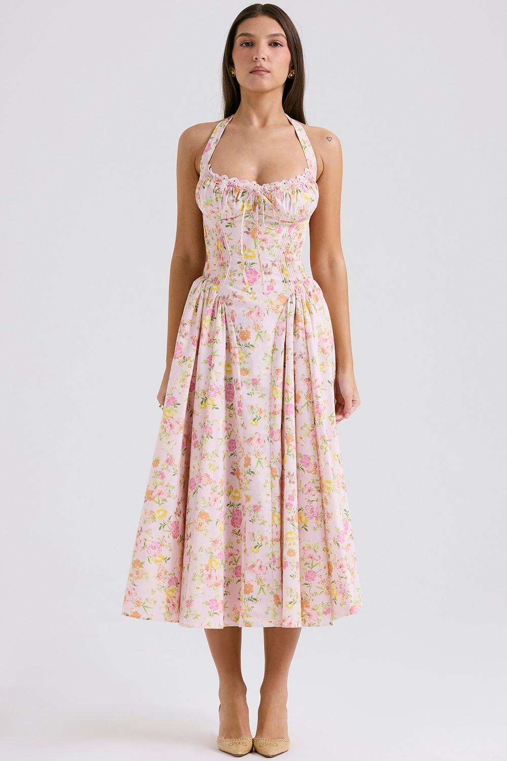 Adabella  pink meadow print cotton halter midi sundress Product Image