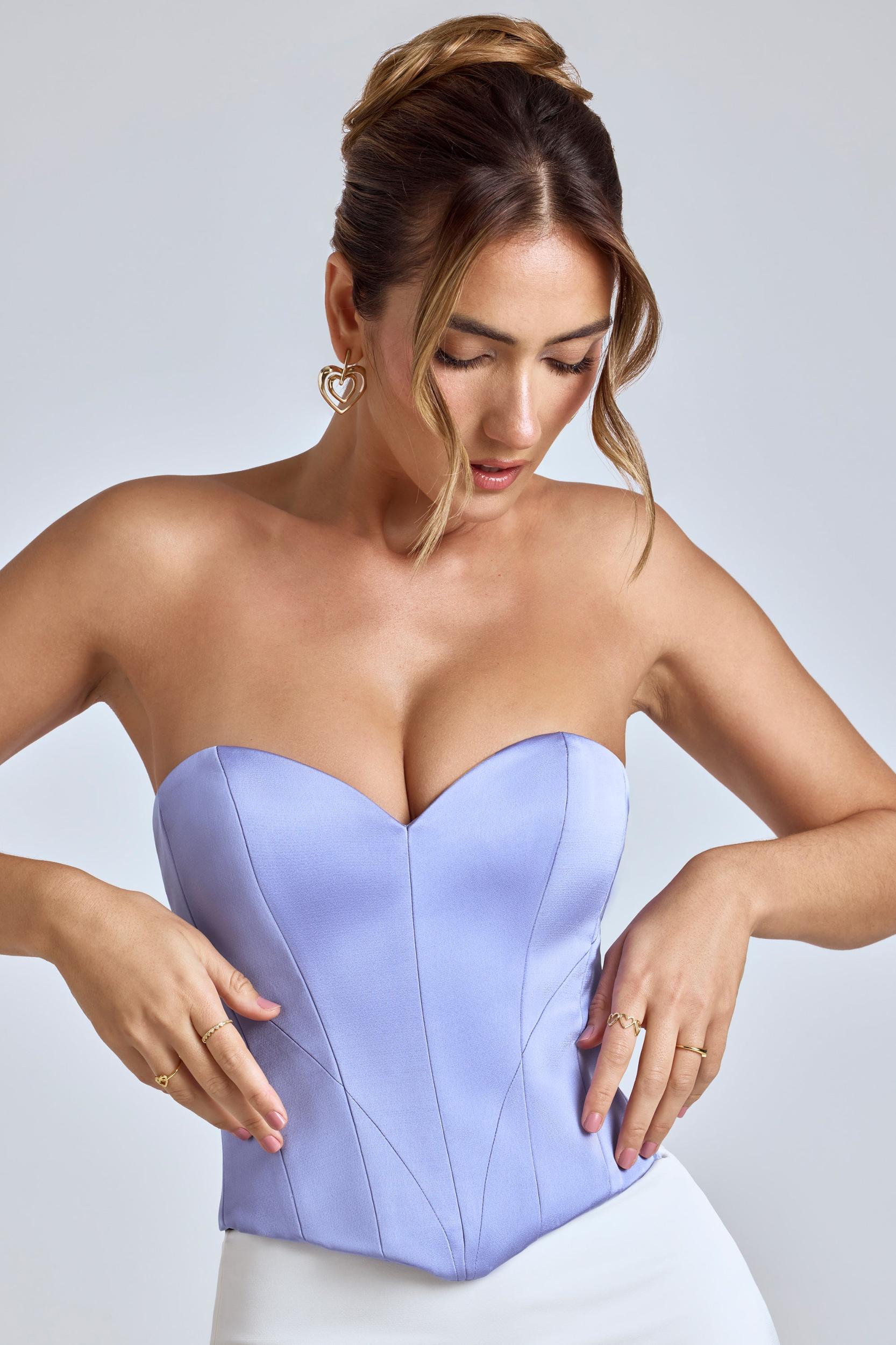 Strapless Lace-Up Satin Corset in Blue Lavender Product Image