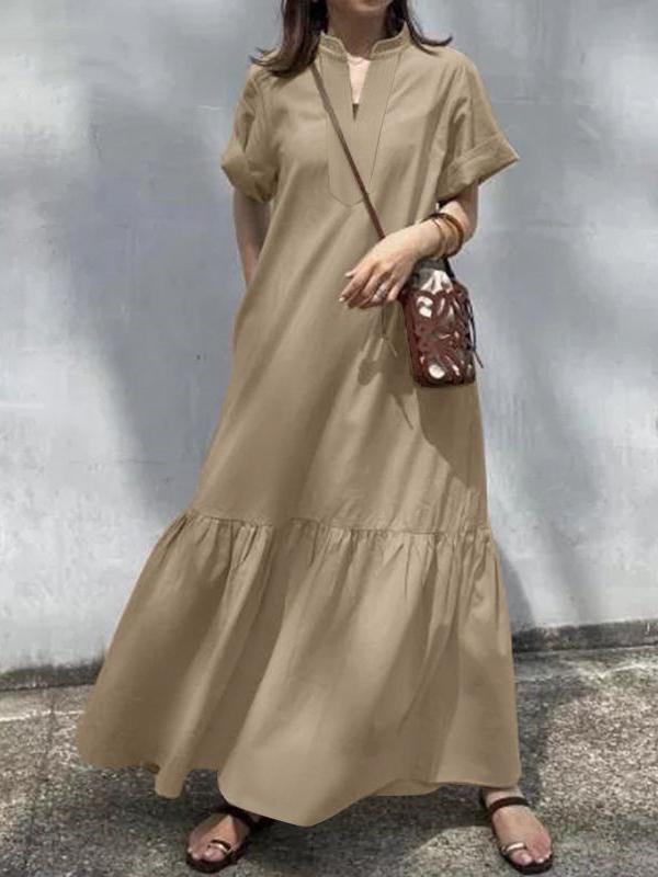 A-Line Loose Solid Color Split-Joint V-Neck Maxi Dresses Product Image